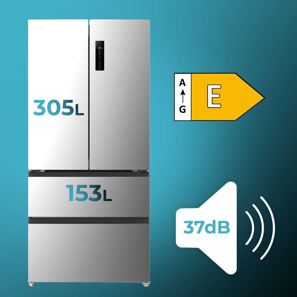 Cecotec Frigorífico Puerta Francesa de 4 Puertas Semi-Integrable Total No Frost Bolero CoolMarket F2D 458 SBI Inox E, 458 Litros, Alto 189 cm y 83 cm Ancho, MetalFlexCooling, Compresor Inverter