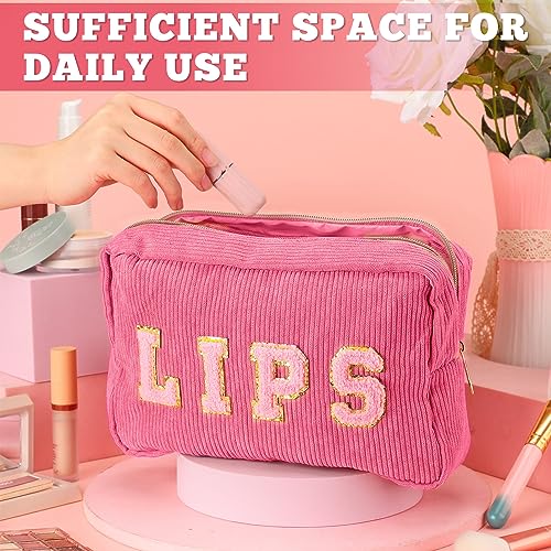 Pinkunn 4 Pcs Preppy Makeup Bag Cute Chenille Cosmetic Bags Face Eyes Lips Hair Corduroy Letter Patch Skin Zipper Patch Bags Travel Zipper Pouch Makeup Organizer for Women4