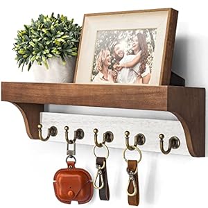 Rebee Vision Key Holder for Wall with Shelf – Farmhouse 2-Color Key Rack with 5 Retro Keys Hooks and Primitive Wood Mail Organizer Wall Mount – Decorative Rustic Home Decor (Brown & White)