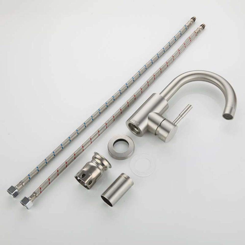 Grifo de cocina de acero inoxidable con caño C de 165 mm, grifo de baja presión, mezclador de agua caliente y fría, monomando para lavabo (cromado)