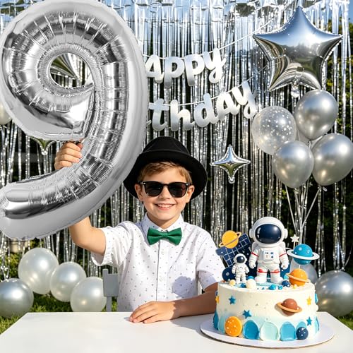 Image of TONIFUL 9th Birthday Balloons Kit 40Inch Silver Large Number 9 Foil Balloon | with 18Inch Helium Mylar Heart Star Balloons for Kids Women Men Birthday Anniversary Graduation New Year Eve Party Decoration