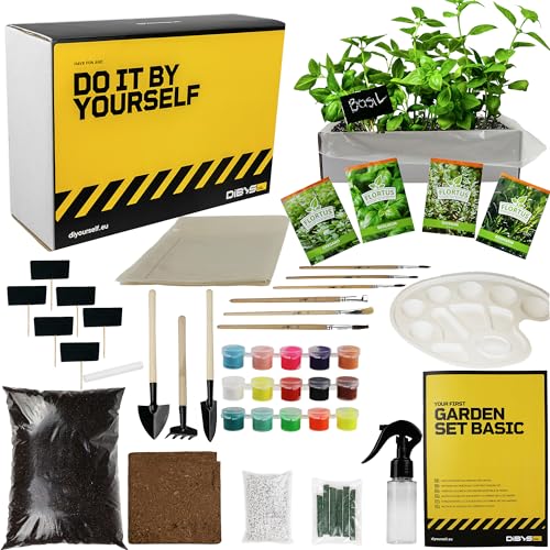 DIBYS Kit de Jardinage pour Enfant | Kit Herbes Aromatiques avec Graines d'Herbes, Outils en Bois & Terre | Idée Cadeau Créative | Set de Plantation avec...