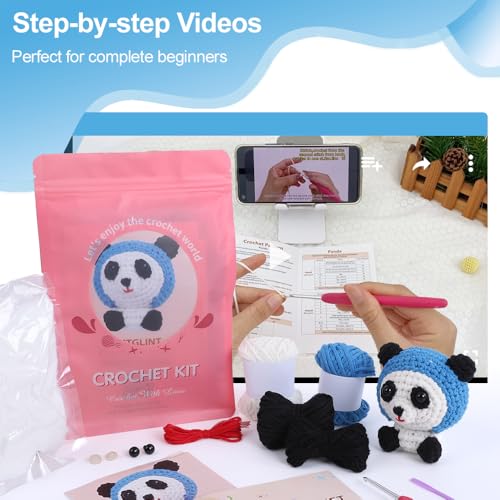 Image of Autglint Panda Crochet Kit for Beginners, Learn to Crochet Starter Kit with Pre-Started Yarn & Easy-to-Follow Video Tutorials, DIY Amigurumi Animal Kit for Adults Kids Gift