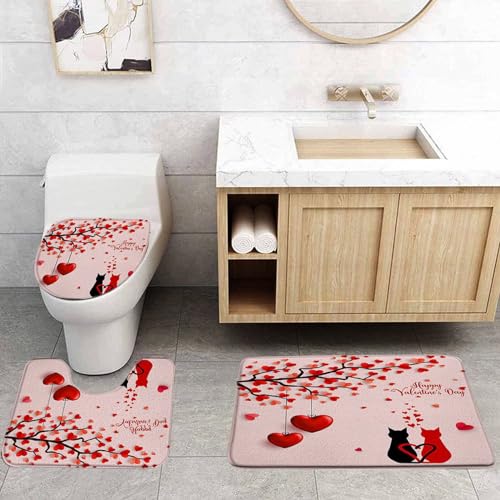 VPUPCN Valentine's Day 3 Pcs Bath Rugs Set,Red Love Heart Tree Cute Cat Kitten Sweet Romantic Creative Modern Simple Bathroom Kitchen Rug with 16