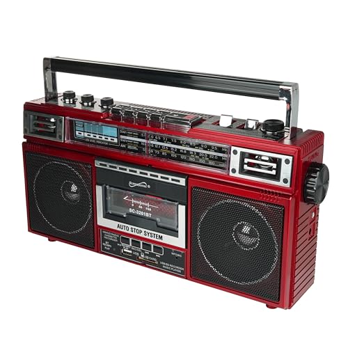 Supersonic SC-3201BT 4 Band Radio & Cassette Player Boombox, Bluetooth Speaker, AM/FM/SW Radio with MP3 Playback, USB & SD Card, 3 Band EQ and Earphone Jack. (Red)