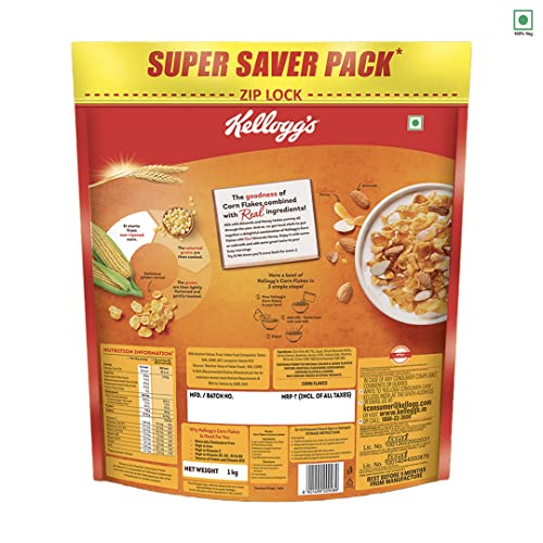 Image of Kellogg's Oats, High in Protein and Fibre, Low in Sodium, 2kg Pack & Corn Flakes Real Almond Honey | Breakfast Cereals | 1 kg Pack