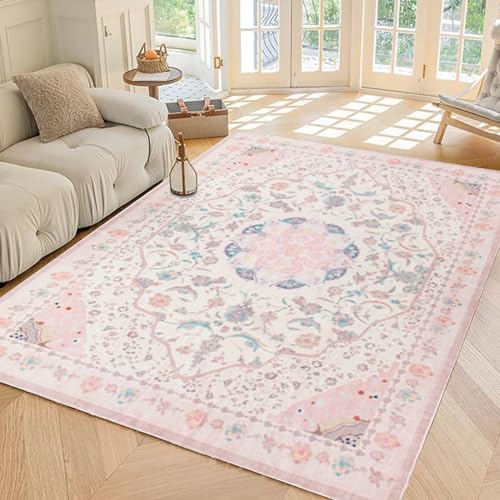 Image of auruge Area Rug - Vintage 3x5 Non-Slip Backing Area Rugs Light Pink Soft Faux Wool Carpet Foldable & Machine Washable Rugs for Living Room Bedroom Dining Room Nursery Home Office