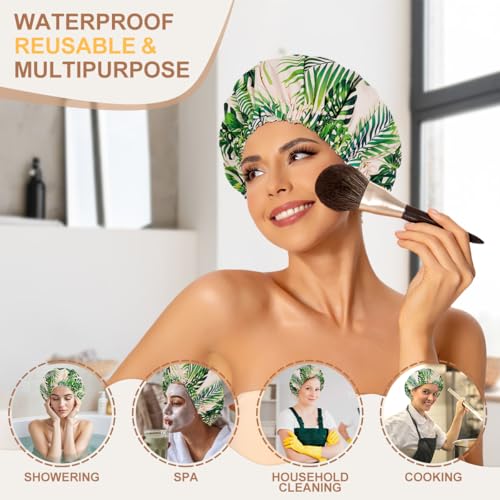 Reusable Shower Caps for Women Waterproof, Large Luxury Washable Elastic Band Bath Hair Bonnet, Double Layer Stylish Shower Hat for Long Hair, Braids, Curly(Plantain Leaf) - Image 3