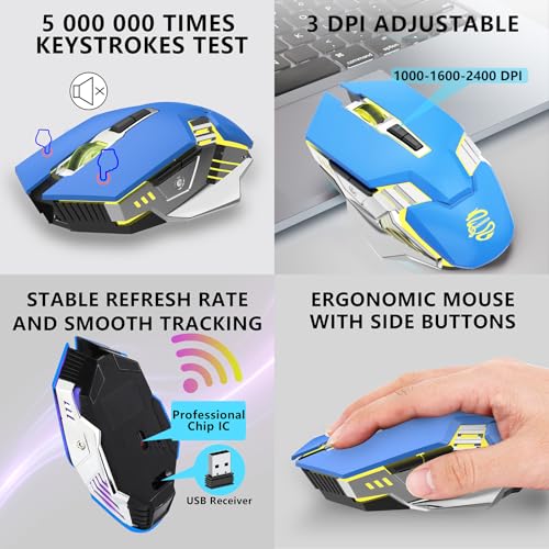 Image of Bluetooth Wireless Gaming Mouse, RGB Rechargeable USB Wireless Mouse, Quiet Click, LED Backlit, Ergonomic, with Side Button, DPI Adjustable Computer Mice for Laptop PC MacBook Chromebook - Blue