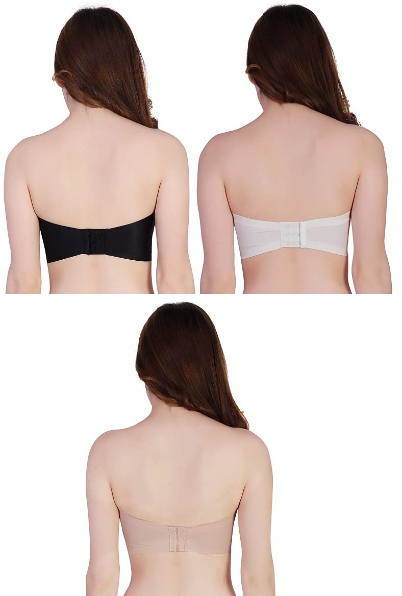 plumbury Women’s Ice Silk Seamless Padded Bandeau Tube Bra with Back Hook Closure, Free Size(Pack of 3) Black/White/Beige-picture-36