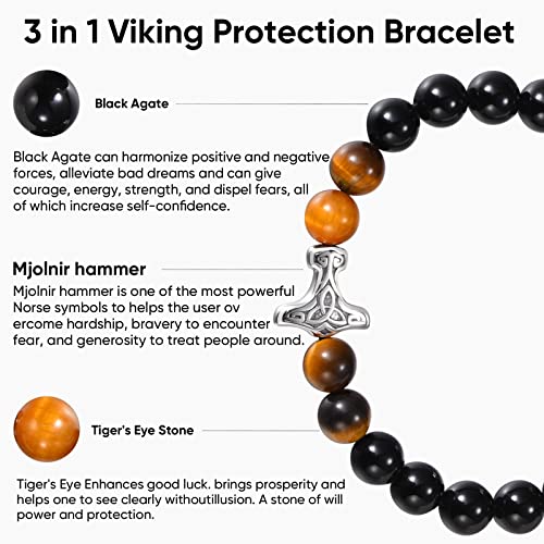 VNOX Viking Bracelet Gifts for Men - Handmade Bead Viking Bracelet for Men, Mjolnir Amulet with Natural Agate and Tiger Eye Stones for Protection and Anxiety Relief，Pagan Nordic Celtic Jewelry3
