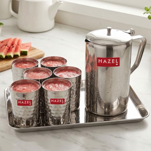 Image of HAZEL Stainless Steel Drinkware Combo of 8 | Water Jug with Lid 1800ml, 6pc Hammered Glasses 350ml & Serving Tray | Glossy Finish Tableware Set for Home & Office Use