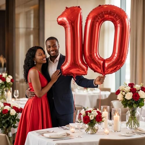 Image of Number 10 Balloon Foil Mylar Balloons for Birthday Party Decoration (Red, 40 Inch)