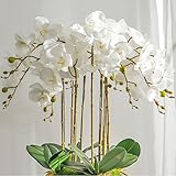 Photo Gallery duyone orchidea artificiale da 89 cm, 4 orchidee realistiche al tatto con 4 foglie di phalaenopsis artificiali, per matrimoni, decorazione della casa (set di fiori + foglie)