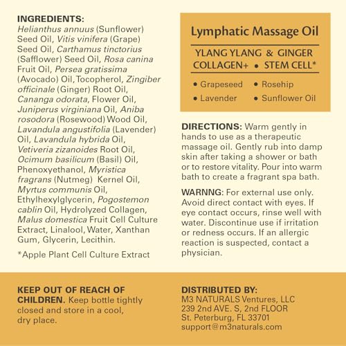 Image of Lymphatic Massage Oil for Massage Therapy - Lymphatic Drainage Oil for Body Care Circulation & Detox Support with Ylang Ylang, Ginger, Lavender, Grapeseed, Vitamin E & Stem Cell (8 Fl Oz) by M3