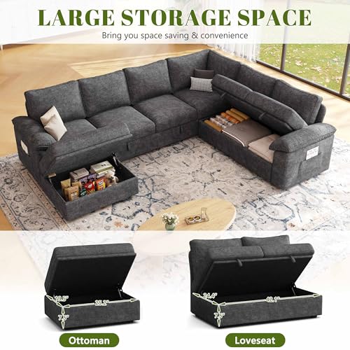 Image of 108 Inch Sectional Sleeper Sofa with Pull Out Bed, U Shaped 7 Seat Modular Sectional Sofa with Storage, Sectional Couches for Living Room, Cloud Modular Couch,Removable Sofa Cover, Dark Grey