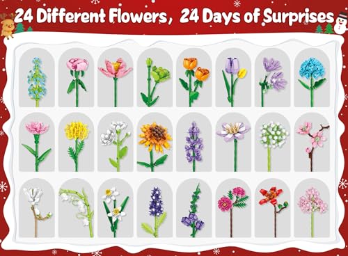 Qinline 9093,9095 Advent Calendar 2024 For Kids Adults Teens, 24 Days Stem Sunflower Bouquet Building Blocks Christmas Countdown Calendar Gifts Box With Artificial Flowers Bricks Toy Set thumb #3