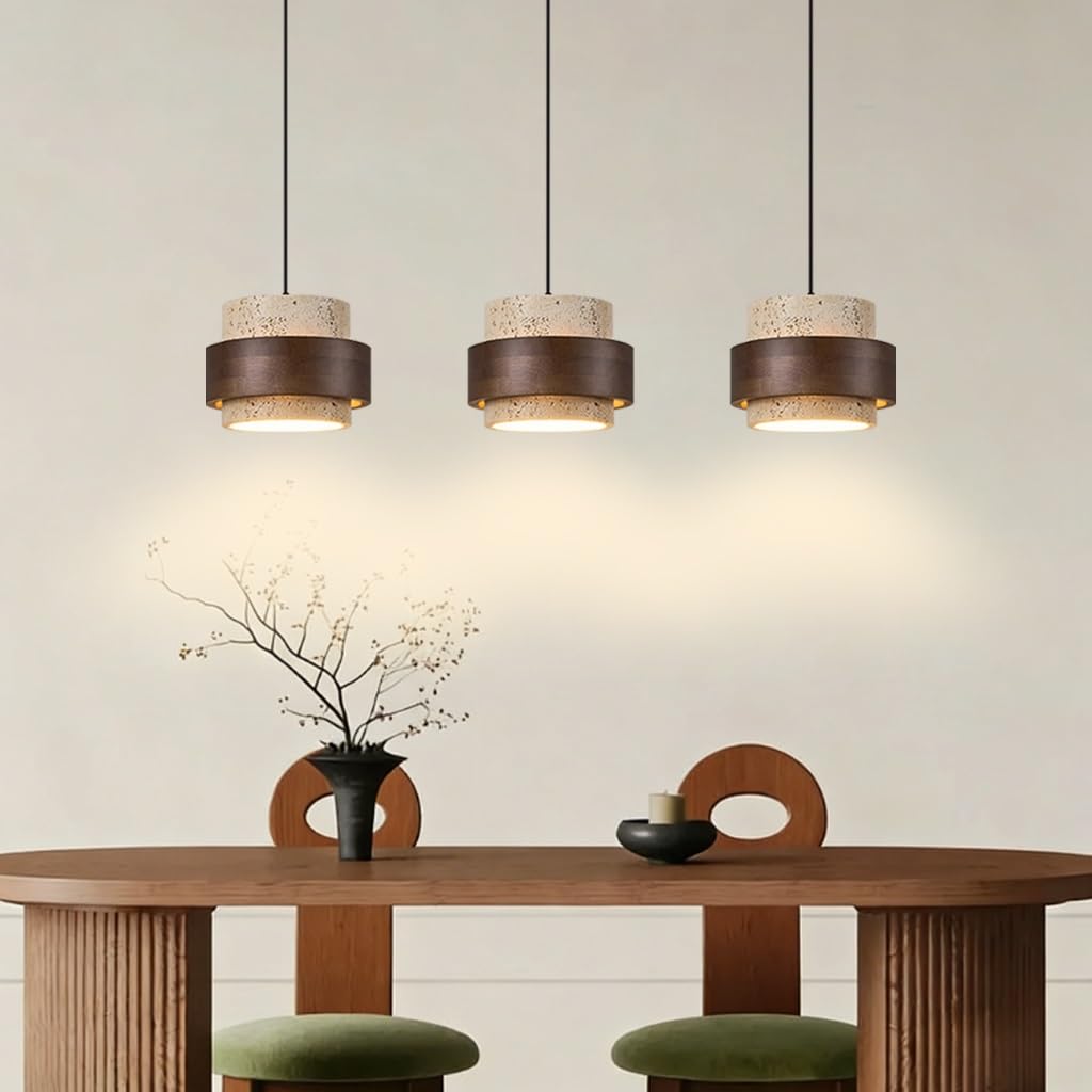 Lampadario Tre Luci E27 Lampada A Sospensione Giapponese Wabi-Sabi Paralume In Travertino Giallo Lampada Tavolo Da Pranzo Vintage Luce Sospese Legno Adatta Per Sala Da Pranzo Isola Cucina(A2)