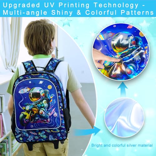 3PCS Astronaut Rolling Backpack for Boys, Kids School Backpacks with Wheels, Water Resistant UV Printed Roller Wheeled Bookbag Set with Lunch Box3