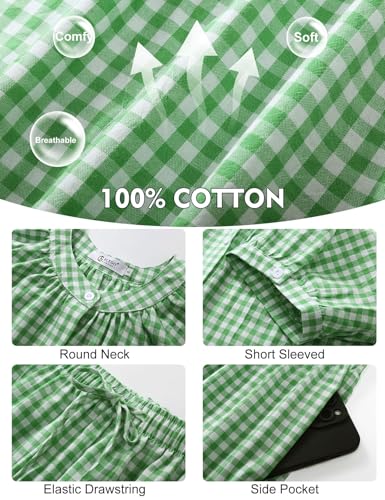 Flygo Womens Plaid 2 Piece Pajamas Sets Gingham Button Down Puff Sleeve Babydoll Shirt Ruffle Pants Y2K Pjs Lounge Set