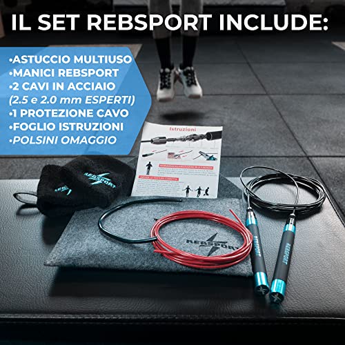 Corda per Saltare Professionale da Crossfit REBSPORT Regolabile e Autobloccante con Polsini in Regalo e 2 Cavi in Acciaio da 2.5mm ideale per double under