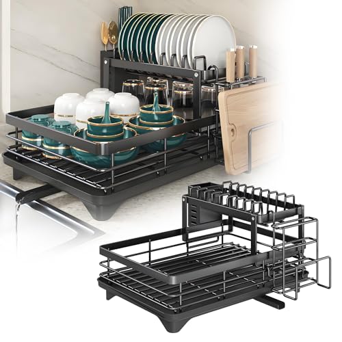 ZYNERY Grande Capacité Égouttoir à Vaisselle Noir, Egouttoir Vaisselle 2 Niveaux avec Plateau d'égouttage, Drainage Automatique Rangement Vaisselle Cuisine...
