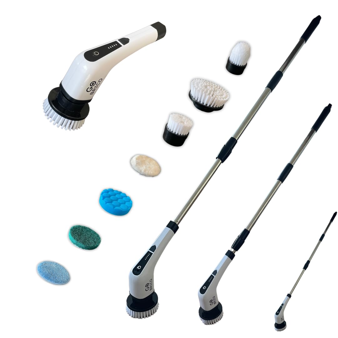 Brosse de Nettoyage Électrique [Go-Brico] Puissante Rotative Maison Salle de bain Cuisine Carrelage Sol Voiture Jantes Tapis Moto Bateau - Têtes Interchangeables Vitesse Réglable Batterie Rechargeable
