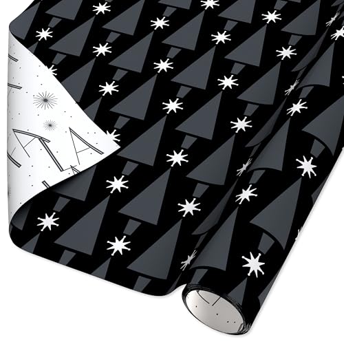American Greetings Reversible Modern Black Christmas Wrapping Paper Roll White Silver and Black Holiday Gift Wrap (60 sq. ft. 1 Standard Roll Wrap-30 in. x 24 ft.) Fa La La and Trees