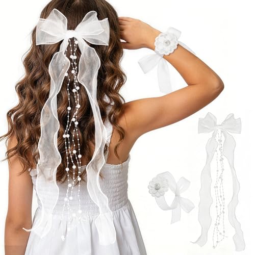 Kommunion Haarschmuck Mädchen Weiße Schleife mit Perlen und Organza-Bändern Kopfschmuck Erstkommunion Blumenmädchen Haarband für Hochzeit Geburtstag Festtag