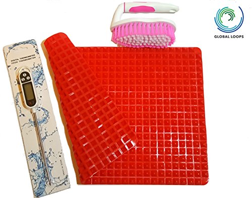 Multi-Use Roasting, Baking 3 in 1 BUNDLE SET: Nonstick Oil-Free 16"x11.5" Silicone Pyramid Baking Mat + Instant Read LCD Digital Thermometer + FREE Baking Mat Cleaning Brush By GLOBAL LOOPS