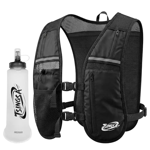 TSINGSA Laufweste Damen und Herren, Leicht&Atmungsaktiv Trinkweste, Verstellbarer Brustgurt Großvolumige Taschen, Laufrucksack mit 500ml Trinkflasche für Joggen Wandern Bergsteigen Radfahren Marathon
