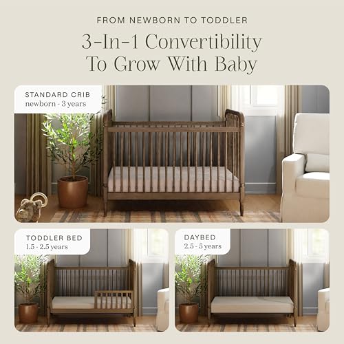 Image of Namesake Liberty 3-in-1 Convertible Spindle Crib, Natural Walnut | GREENGUARD Gold & FSC Certified, Converts to Toddler Bed & Daybed, 4 Adjustable Heights, Toddler Conversion Kit Included