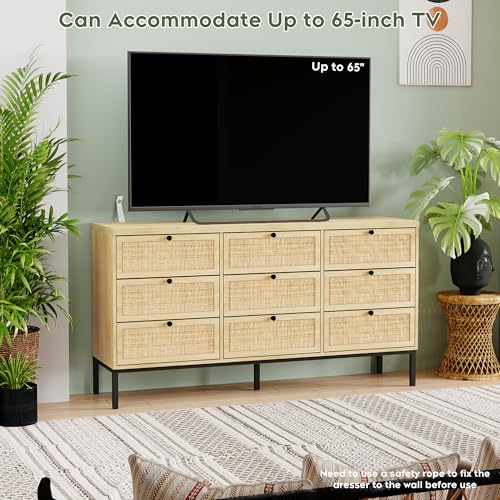 Yechen 59" Wide 9 Drawers Rattan Dresser, Light Wooden Chest of Drawers, Large Boho Dressers with Smooth Metal Slides, Mid-Century Natural TV Stand, Organizer for Bedroom Nursery Closet - Image 6