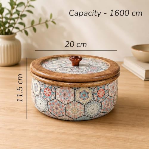 Image of The Earth Store Premium Wooden Medina Casserole for Roti - 1600ML Handcrafted Mango Wood with Resin Art Roti Casserole | Elegant Wooden Roti Box | Chapati Box for Dining & Gifting