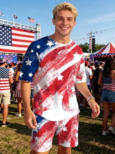 Image of Ithalt Patriotic Shirts for Men 4th of July Outfit 2 Piece Set Short Sleeve and Shorts American Flag 250th Anniversary