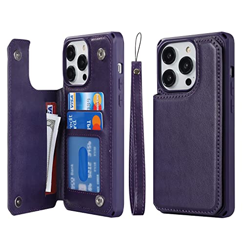 Image of Cavor for iPhone 14 Pro Case with Card Holder,iPhone 14 Pro Wallet Case for Women Men,Phone Case for iPhone 14 pro with Stand Credit Card Holder, Leather Strap Shockproof Cover- Dark Purple