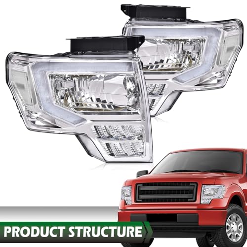 Image of GRAND ORANGE LED DRL Headlight Assembly Compatible with Ford F150 2009-2014 Headlamps Driver & Passenger Side Clear lens Chrome Housing White Reflector FO2503287 DL3Z13008B