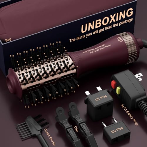 Image of Travel Dual Voltage Hair Dryer Brush 4-in-1 Portable Mini Hot Air Blow Dryer Straightener & Curler Brush, Automatico Doble Voltaje Cepillo Secador De Cabello 110~240V US /EU /UK -Blackcurrant Rose Gold