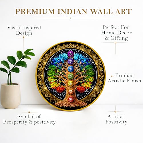 Image of Chakra Tree of Life Round Wall Art Painting With Frame For Living Room | 7 Chakra Vastu Decor Framed Painting | Spiritual Round Wall Hanging for Home, Meditation Room & Gifting, 12 Inch