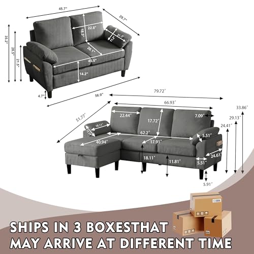 Image of 79.72 inch 3 Piece Corduroy Sofa Set with Storage Ottoman & Loveseat, L Shaped Sectional Couch with Side Pockets, Convertible Living Room Furniture Set for Small Space