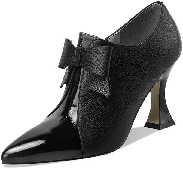 TinaCus Women's Genuine Leather Handmade Sexy High Spool Heel Patent Pointed Toe Side Zipper Pump Shoes with Cute Bow (Black, US8.5)