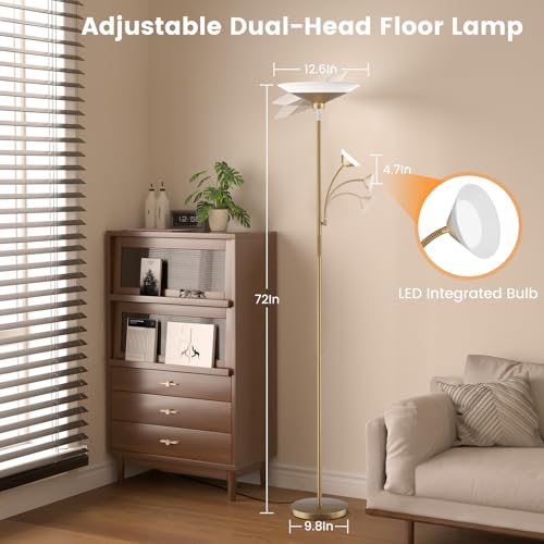 Image of SIBRILLE Gold Torchiere Floor Lamp - 2 Way LED Standing Lamp with Reading Light, Dimmable 72'' Tall Lamp with Remote Color Changing, 34W Mordern Uplighter for Living Room Bedroom Office