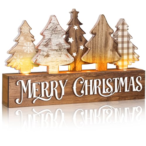 Chunful Lighted Wooden Christmas Tree Decor Rustic Christmas Tabletop...