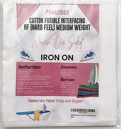 MAROBEE Woven Cotton Iron On Fusible Interfacing for Sewing Projects - 44 Inch x 2 Yards - Hard Feel (HF) Medium Weight Interfacing for Collars Cuffs Handbags DIY Craft Supplies