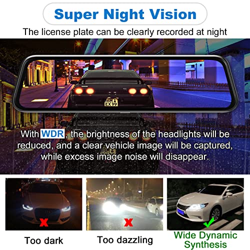 12" Mirror Dash Cam Wireless Carplay Wireless Android Auto, Dash Cam Front And Rear Backup Camera Rear View Mirror Smart Screen For Cars & Trucks Night Vision, Parking Assistance Dual Cameras+64G Card #TOP3