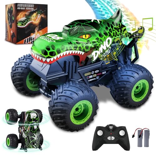 IEEILULU Voiture télécommandée, dinosaure, voiture tout-terrain avec rotation à 360°, lumière LED, Monster truck RC rechargeable, jouet dinosaure, cadeau...