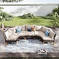 PHI VILLA 3-Piece Wicker Patio Furniture Set, Outdoor Curved Sectional Sofa Conversation Set with Cushions, Half-Moon Modular Couch for Garden, Deck, Backyard, Beige