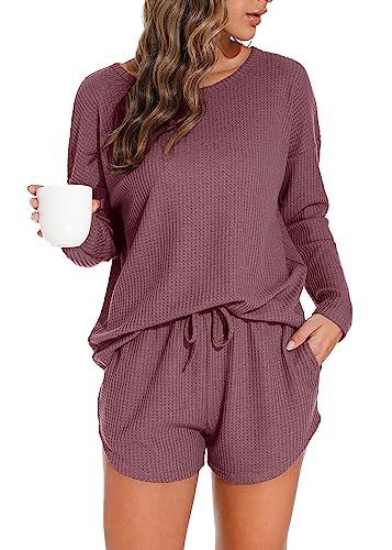 Image of PrinStory Pajamas Set for Women Waffle Knit Lounge Set 2 Piece Outfits Loungewear Sweatsuit with Pockets