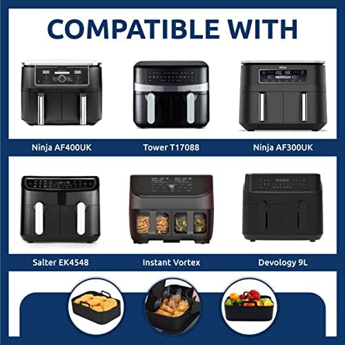Rollay Large Silicone Air Fryer Liners for Ninja Dual Air Fryer AF400UK, AF451UK & AF300UK with Silicone Mitts, Reusable Air Fryer Silicone Liner & Accessories for Vortex/Salter/Tower (4PCS Set)