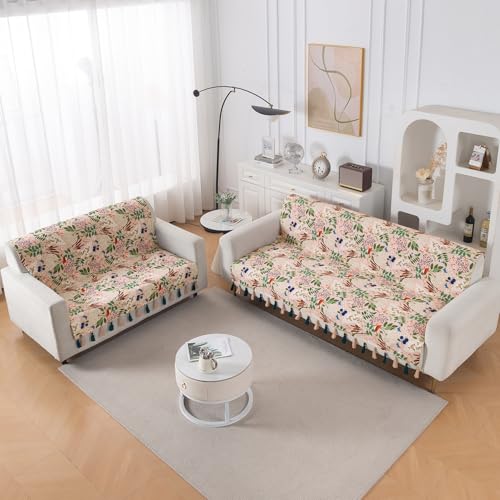 Image of HOKIPO 5 Seater Sofa Cover with Tassel in 3+2 Configuration | Full Protection for Seat and Back | Printed Holland Velvet Fabric | 'Whispers of Nature' | Beige Woodland Bloom (IN-1127+1126-D4)